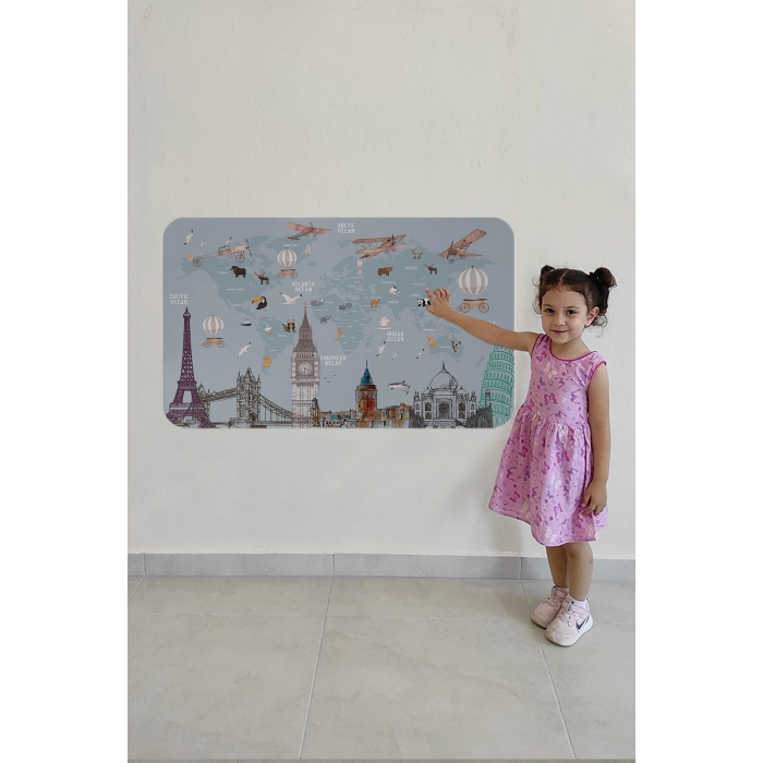 Eğitici Dünya Haritası Dünya Atlası Çocuk ve Bebek Odası Duvar Sticker -60x105-3820