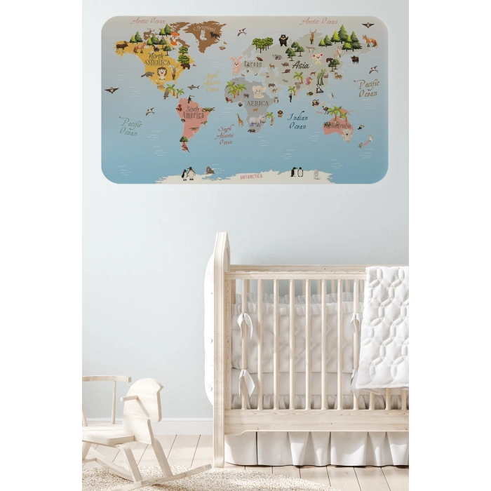 Eğitici Dünya Haritası Dünya Atlası Çocuk ve Bebek Odası Duvar Sticker -60x105-3824