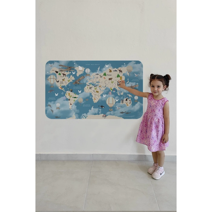 Eğitici Dünya Haritası Dünya Atlası Çocuk ve Bebek Odası Duvar Sticker -60x105-3828