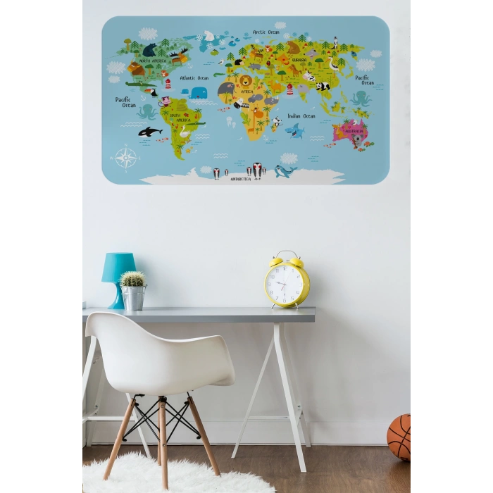 Eğitici Dünya Haritası Dünya Atlası Çocuk ve Bebek Odası Duvar Sticker -60x105-3830