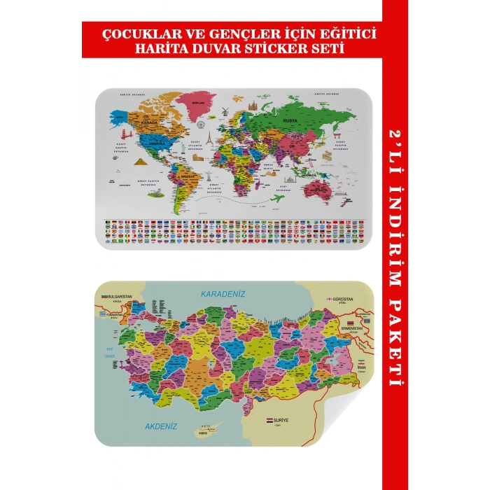Eğitici - Öğretici Dünya ve Türkiye Haritası Çocuk Odası Duvar Sticker-60x105-3885
