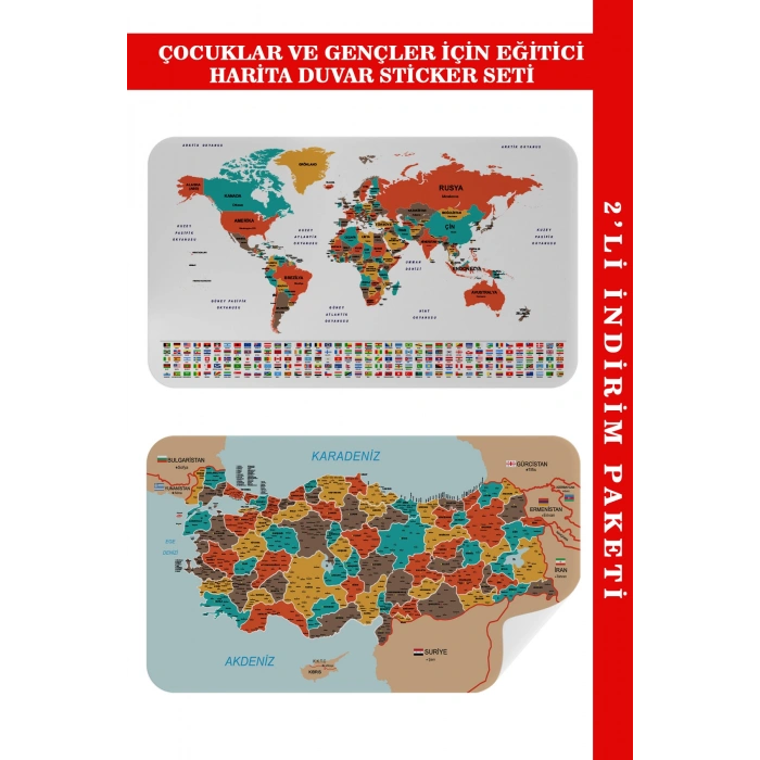 Eğitici - Öğretici Dünya ve Türkiye Haritası Çocuk Odası Duvar Sticker-60x105-3886