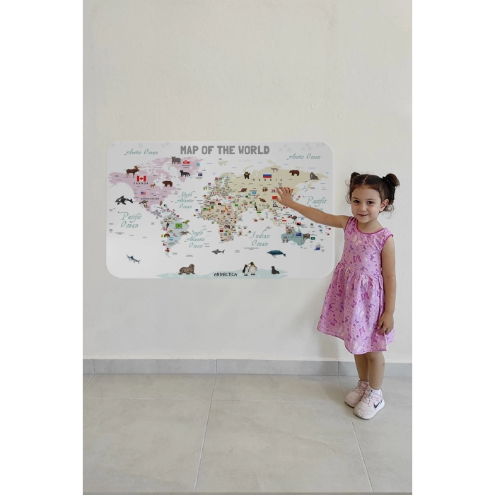 Eğitici ve Bayraklı Dünya Haritası Dünya Atlası Çocuk ve Bebek Odası Duvar Sticker -60x105-3813