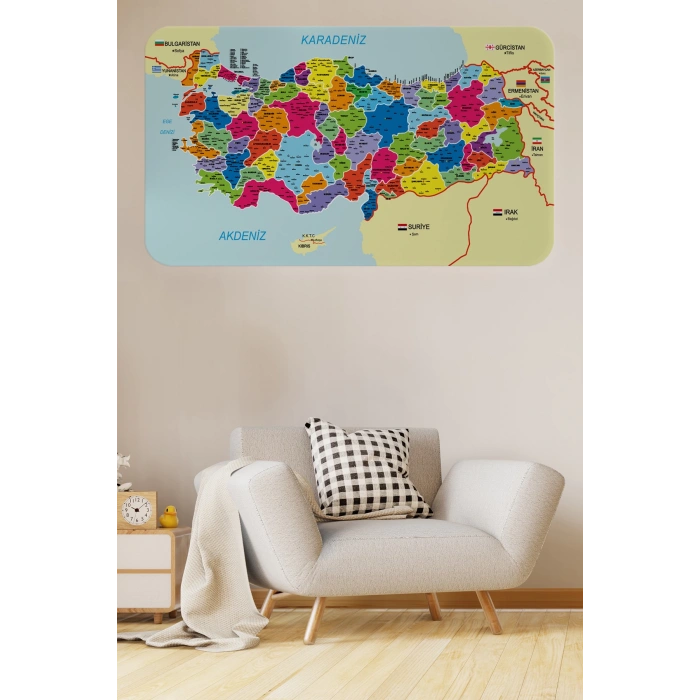 Eğitici ve Öğretici Detaylı Komşulu Türkiye Haritası Duvar Sticker-60x105-3845