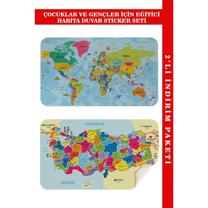 Eğitici ve Öğretici Dünya ve Türkiye Haritası Çocuk Odası Duvar Sticker-60x105-3882