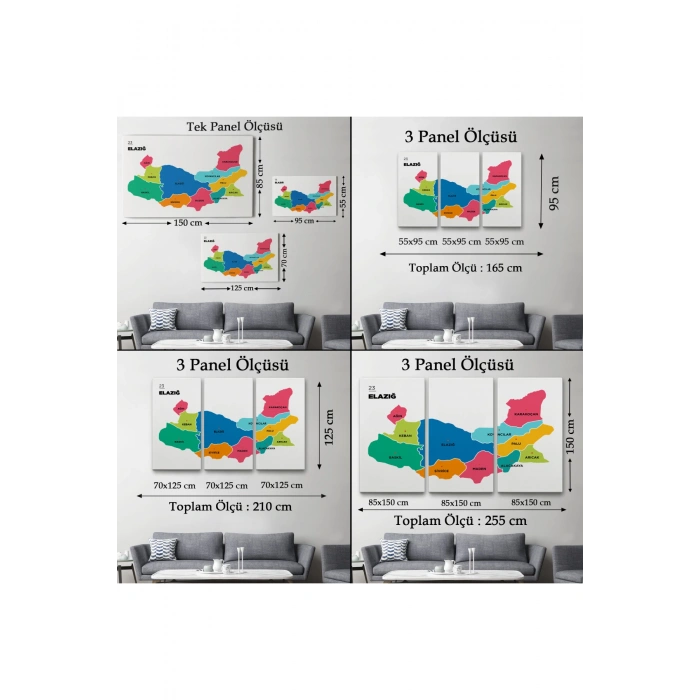 Elazığ  İli ve İlçeler Haritası  Dekoratif Kanvas Tablo 1330