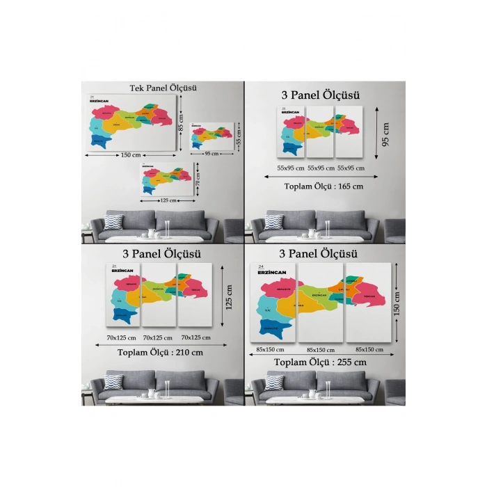 Erzincan  İli ve İlçeler Haritası  Dekoratif Kanvas Tablo 1333