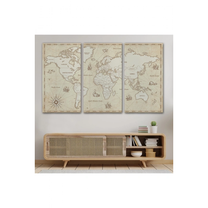 Eskitme Dünya Haritası  Vintage Dekoratif Kanvas Tablo 1075