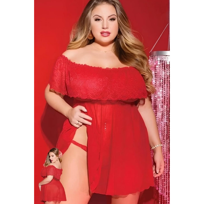 Fantezi Büyük Beden Gecelik Set Alev Gece Kırmızı