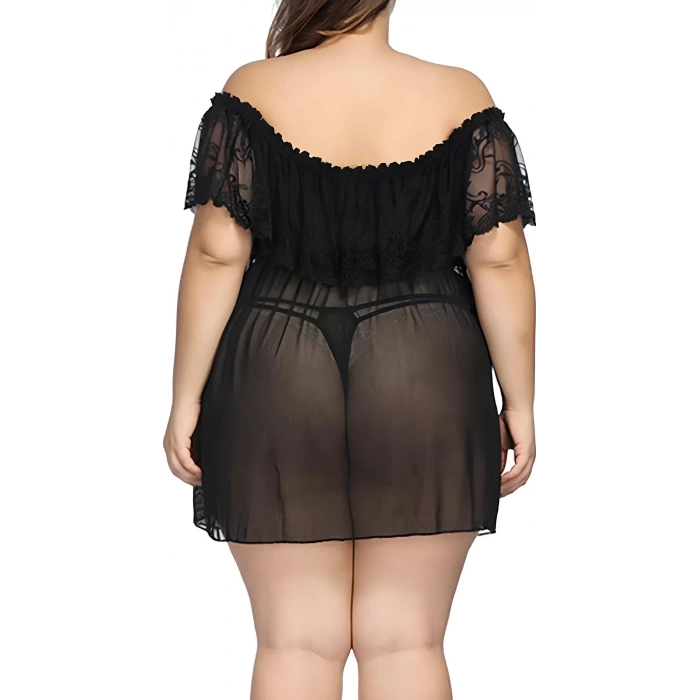 Fantezi Büyük Beden Gecelik Set Alev Gece Siyah