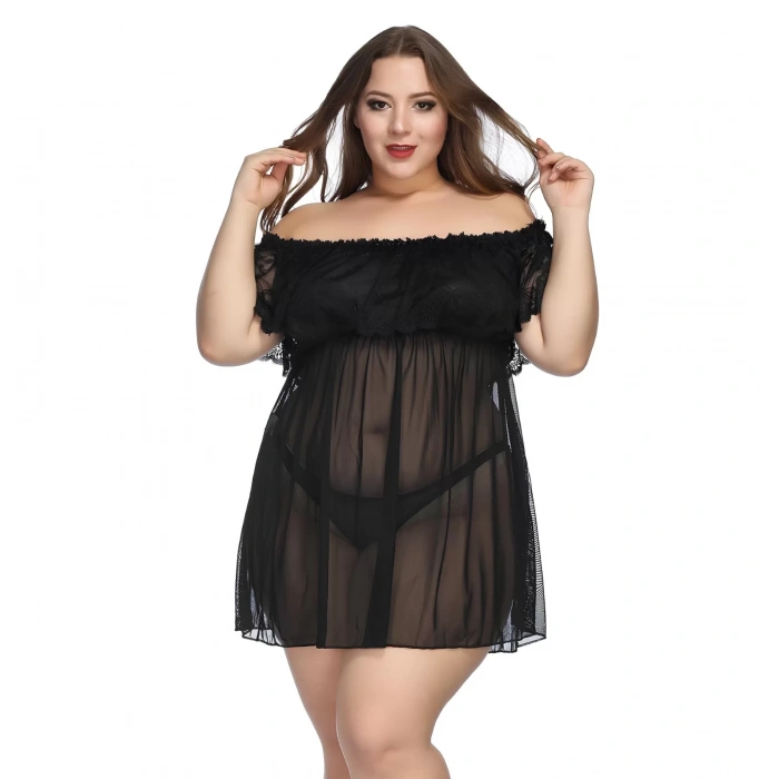 Fantezi Büyük Beden Gecelik Set Alev Gece Siyah