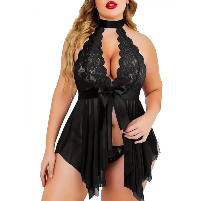 Fantezi Büyük Beden Gecelik Set Hediye Gece Siyah