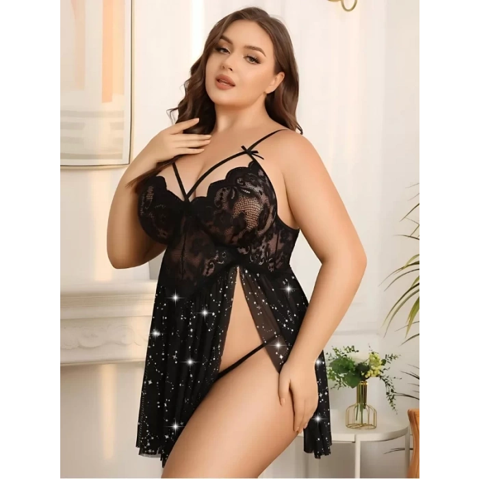 Fantezi Büyük Beden Siyah Gecelik Babydoll Işıltı Serisi