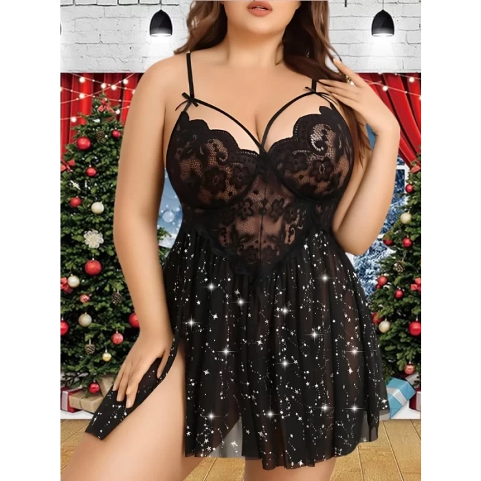 Fantezi Büyük Beden Siyah Gecelik Babydoll Işıltı Serisi