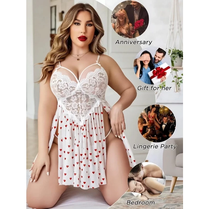 Fantezi Gecelik Babydoll Büyük Beden String Hediyeli Beyaz