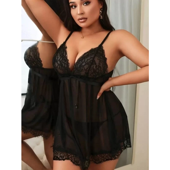 Fantezi Gecelik Babydoll Siyah Asalet Büyük Beden