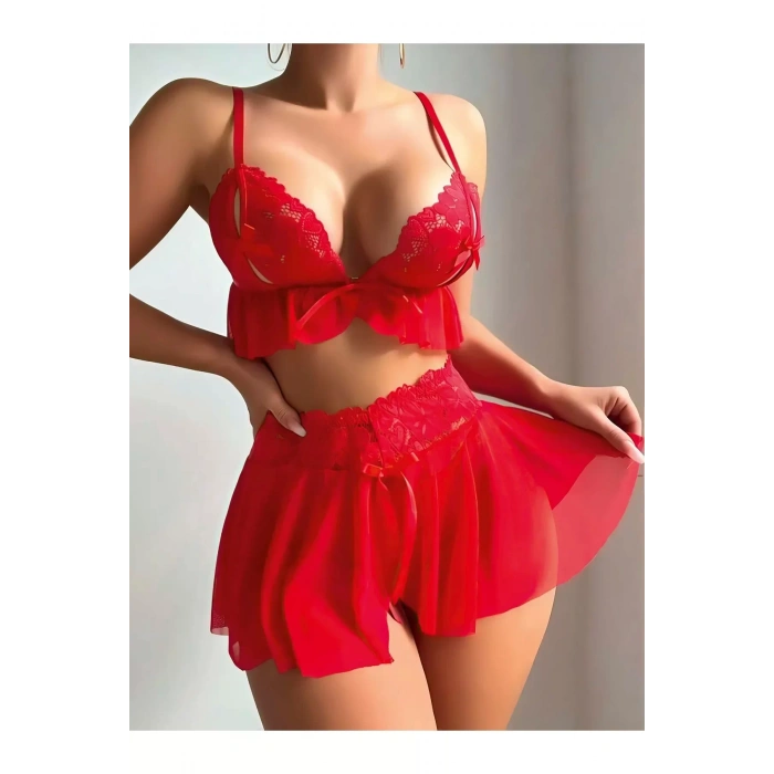 Fantezi Göğüs Detay Büstiyer Şort Kırmızı