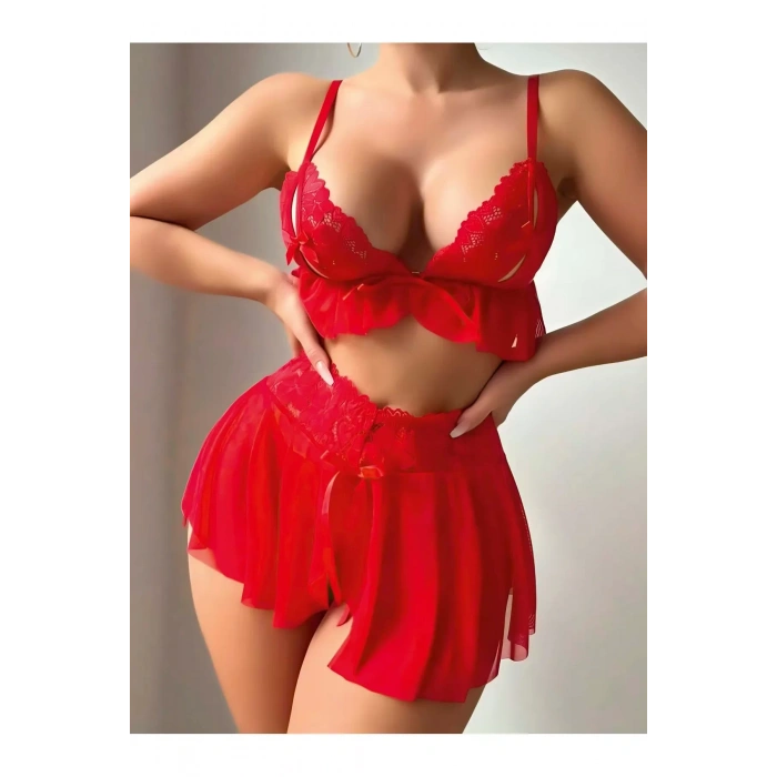Fantezi Göğüs Detay Büstiyer Şort Kırmızı