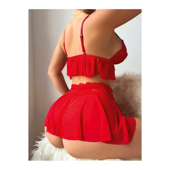 Fantezi Göğüs Detay Büstiyer Şort Kırmızı