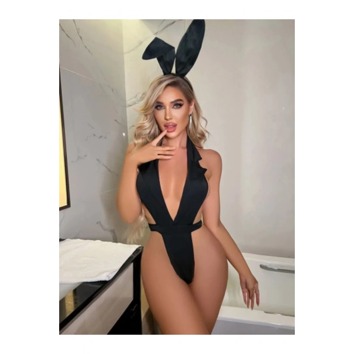 Fantezi İç Çamaşırı Kostüm Tavşan Detay Siyah