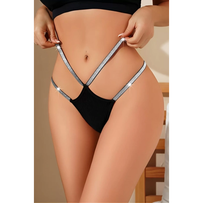 Fantezi İç Çamaşırı Takım Şerit Fiyonk Serisi Siyah