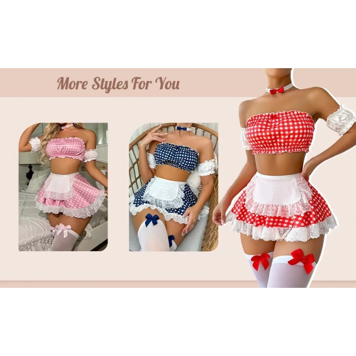 Fantezi Kostüm Kareli Kırmızı Beyaz