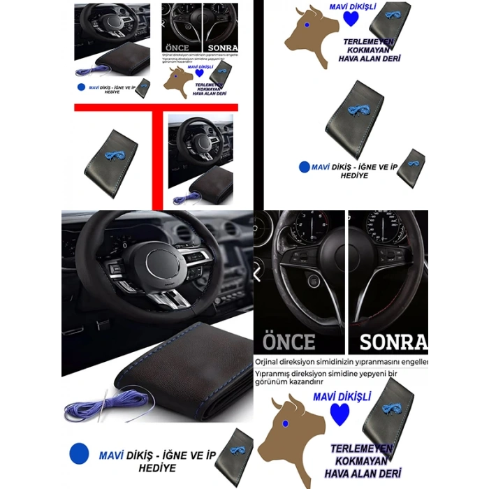 FIAT PALIO Uyumlu Oto,Araba  direksiyon kılıfı mavi dikiş