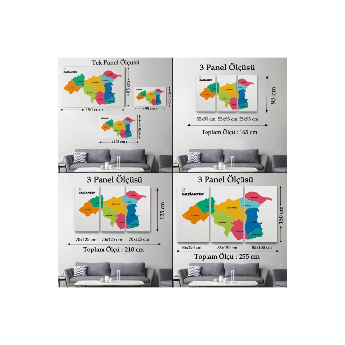 Gaziantep  İli ve İlçeler Haritası  Dekoratif Kanvas Tablo 1342