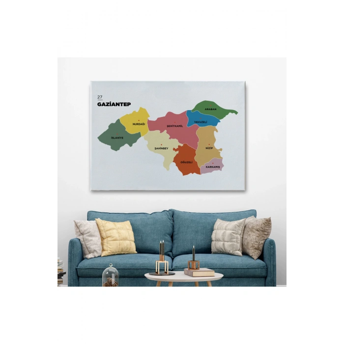 Gaziantep  İli ve İlçeler Haritası  Dekoratif Kanvas Tablo 1343