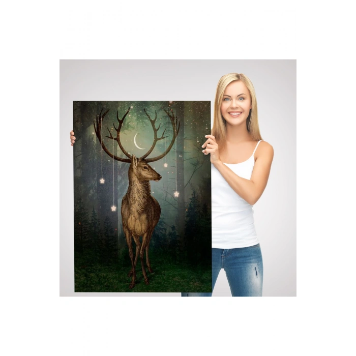 Gece Ormandaki Geyik Tablosu-6309