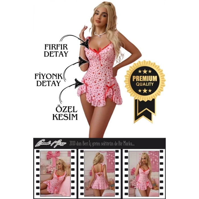 Gecelik Fırfır Detay Pembe String Hediyeli