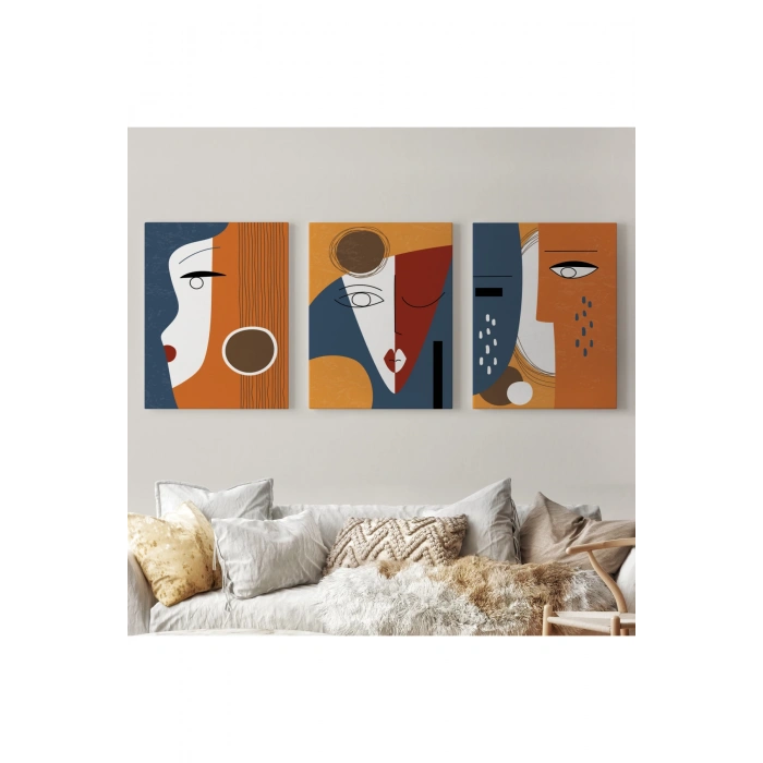 Gerçeküstü Soyut Yüzler Dekoratif Duvar Tablosu Üçlü Set-DT-97