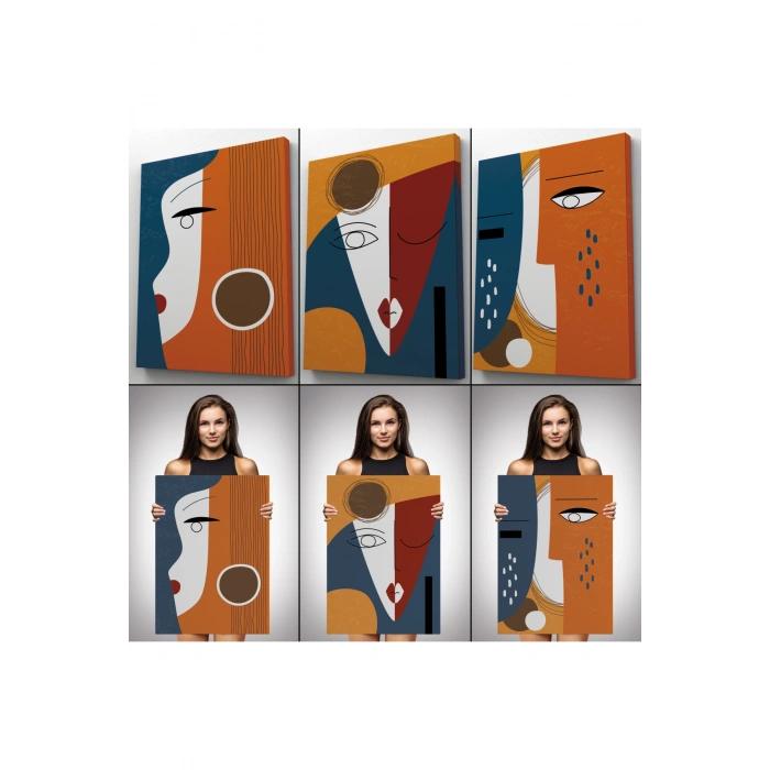 Gerçeküstü Soyut Yüzler Dekoratif Duvar Tablosu Üçlü Set-DT-97