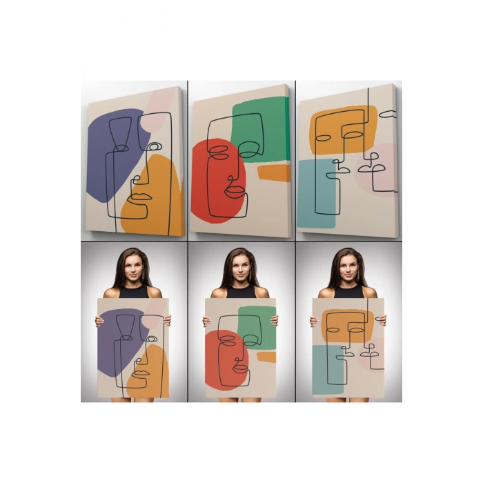 Gerçeküstü Soyut Yüzler Dekoratif Duvar Tablosu Üçlü Set-EA-100