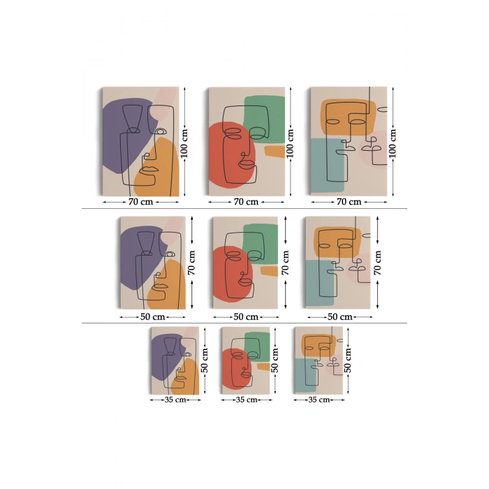 Gerçeküstü Soyut Yüzler Dekoratif Duvar Tablosu Üçlü Set-EA-100