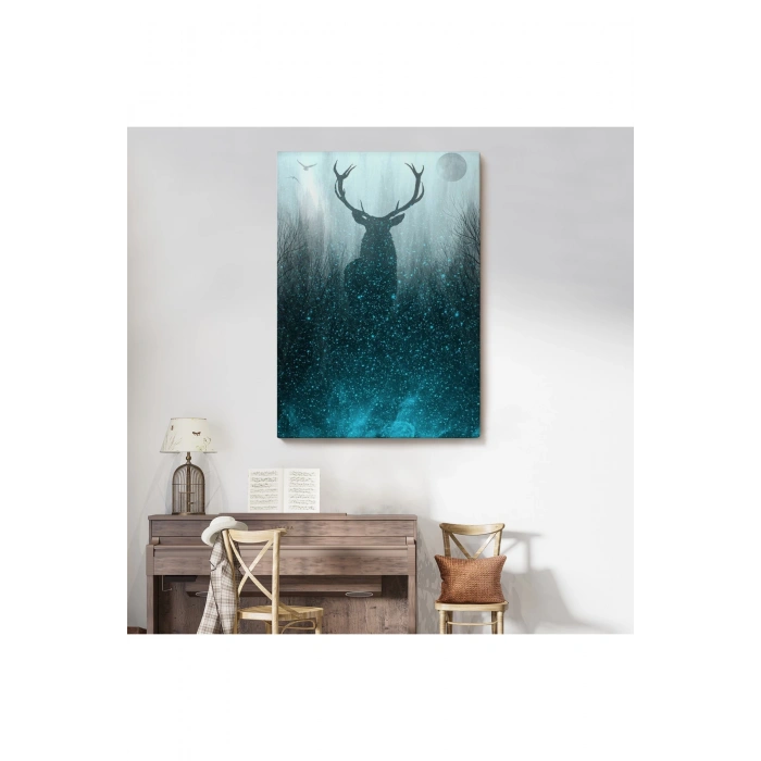 Geyiğin Gece Ormandaki Silüeti Duvar Tablosu-6369