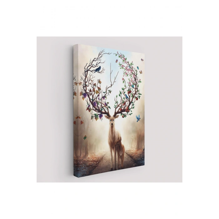 Geyik YBoynuzları Üzerinde Renkli Kuşlar Tablosu-6477