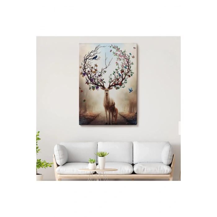 Geyik YBoynuzları Üzerinde Renkli Kuşlar Tablosu-6477