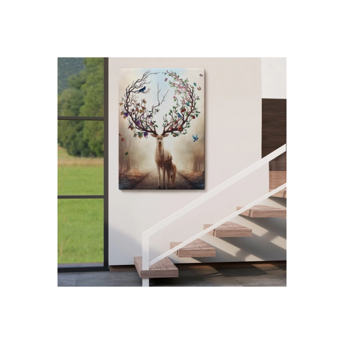 Geyik YBoynuzları Üzerinde Renkli Kuşlar Tablosu-6477