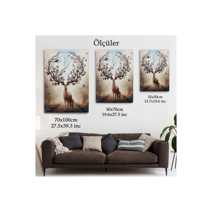 Geyik YBoynuzları Üzerinde Renkli Kuşlar Tablosu-6477