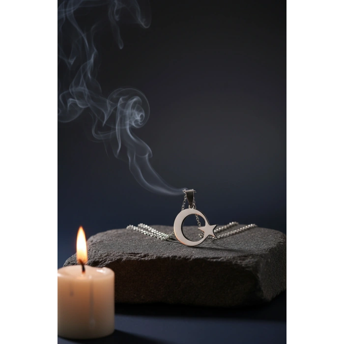 Gümüş Renk Ay Yıldız Çelik Kolye Kararmaz Paslanmaz Çelik Anlamlı ve Şık (Unisex)