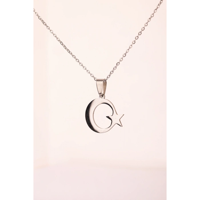 Gümüş Renk Ay Yıldız Çelik Kolye Kararmaz Paslanmaz Çelik Anlamlı ve Şık (Unisex)