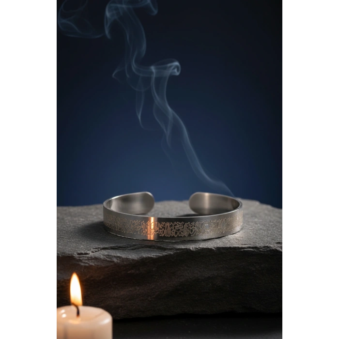 Gümüş Renk Ayetel Kürsi Nalı Şerif Yazılı Çelik Bileklik Ayarlanabilir Paslanmaz Kararmaz Unisex