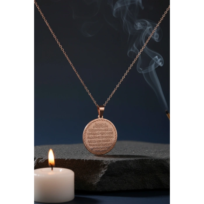 Gümüş Renk Ayetel Kürsi ve Nazar Duası Yazılı Çelik Kolye Paslanmaz Kararmaz Zincir