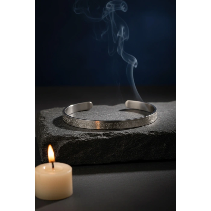 Gümüş Renk Unisex Ayetel Kürsi Nalı Şerif Yazılı Çelik Bileklik Ayarlanabilir Paslanmaz Kararmaz