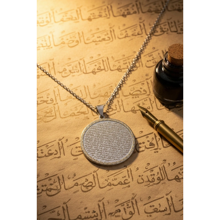 Gümüş Renk Vakıa Suresi Yazılı Çelik Kolye Kararmaz Paslanmaz Zincirli Unisex kolye