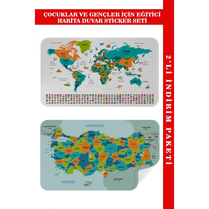 Harita Sepeti Eğitici - Öğretici Dünya ve Türkiye Haritası Çocuk Odası Duvar Sticker-60x105-3887