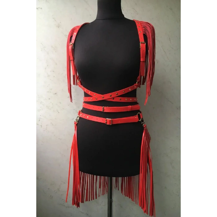 Harnes Fantezi Kostüm Kırmızı Maske Yelek Etek