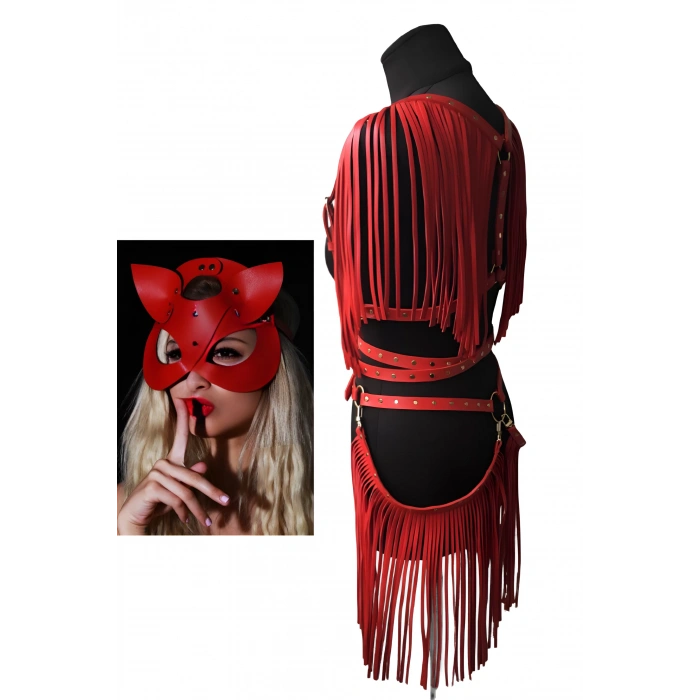 Harnes Fantezi Kostüm Kırmızı Maske Yelek Etek