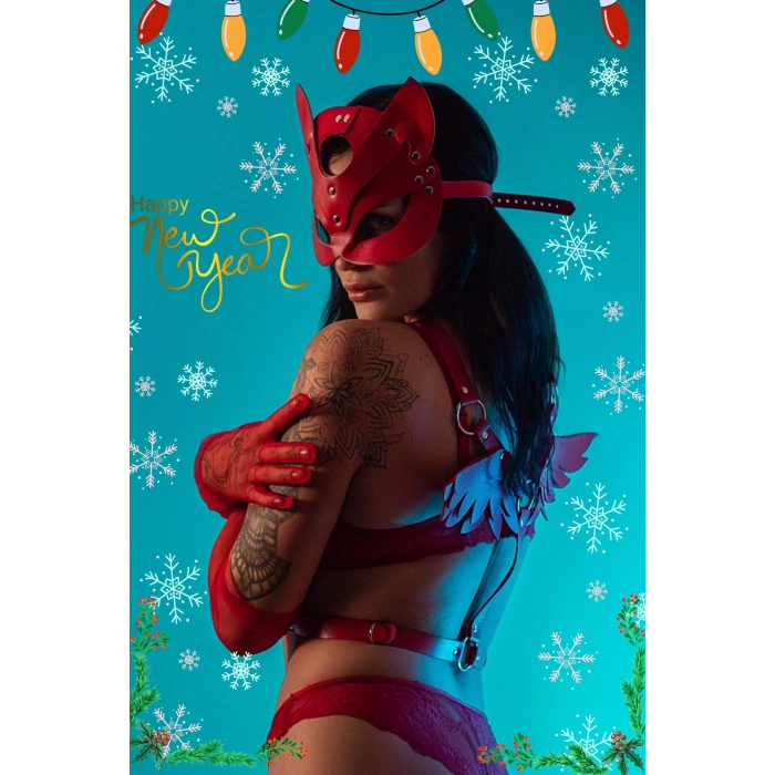 Harness Deri Kanat Kelepçe Body Maske Set Kırmızı